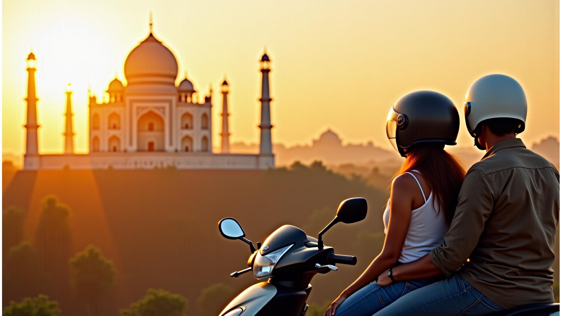 Tourist couple on a scooter in front of the Taj Mahal at sunrise, embracing the freedom of exploration
