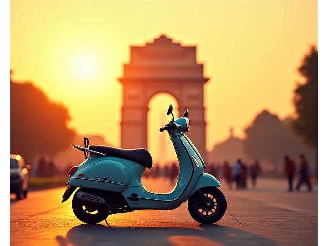 Tourist on scooter near India Gate, Delhi, during golden hour
