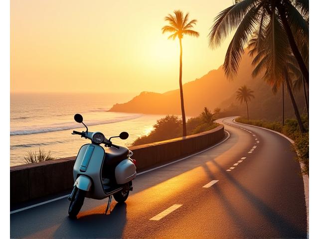 Tourist on scooter on a scenic road overlooking a Goa beach at sunset