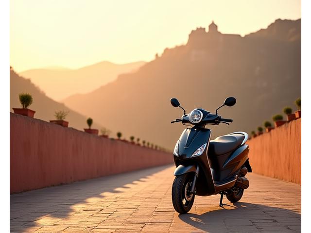 Tourist on scooter in front of Amer Fort, Jaipur, at dawn