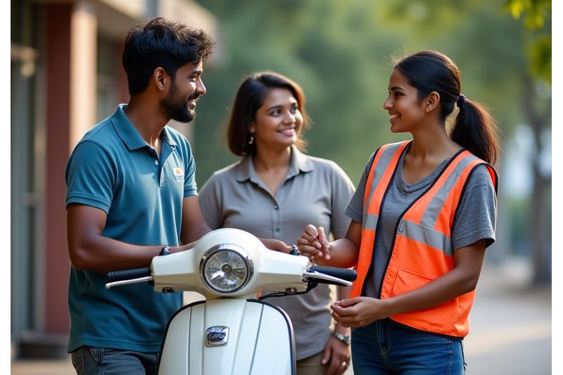 RideFlex staff assisting a tourist with scooter safety checks and equipment