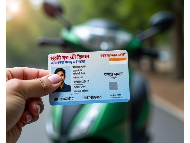 Illustration of an Indian driving license with a scooter in the background, signifying eligibility for rental.