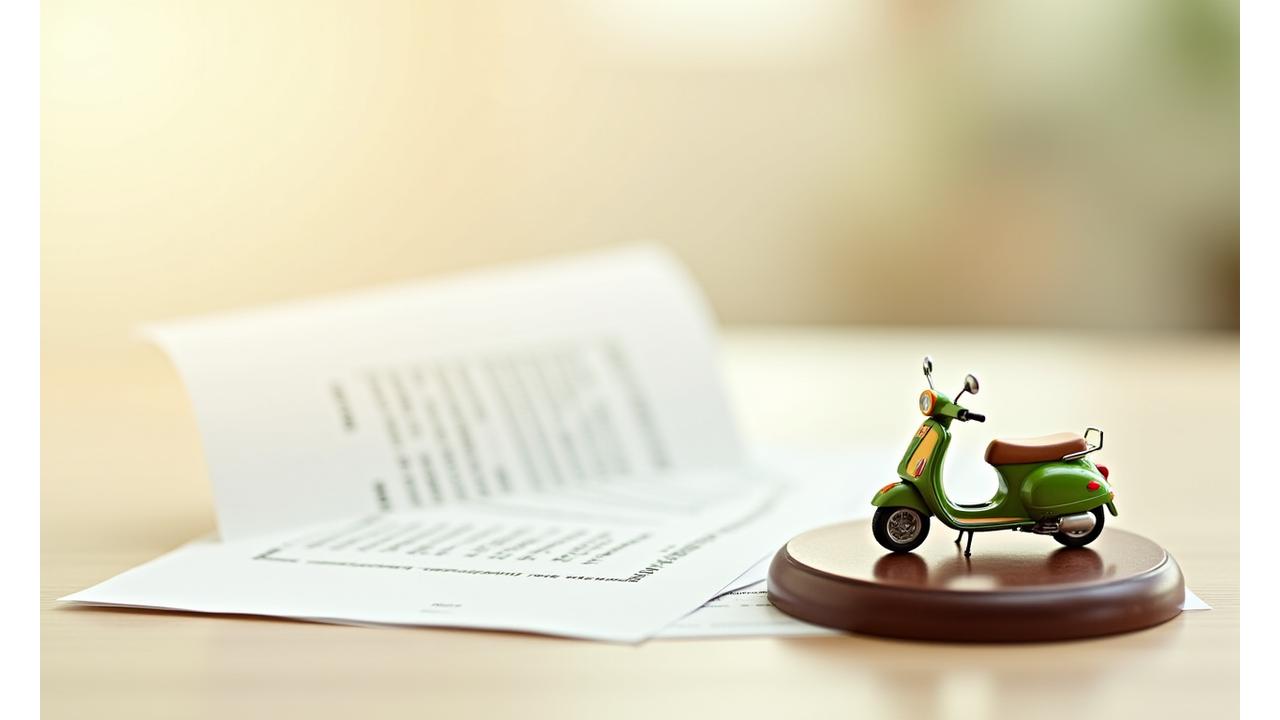 Abstract illustration of a legal document with a gavel and scooter icon, signifying protection and agreement for scooter rentals.