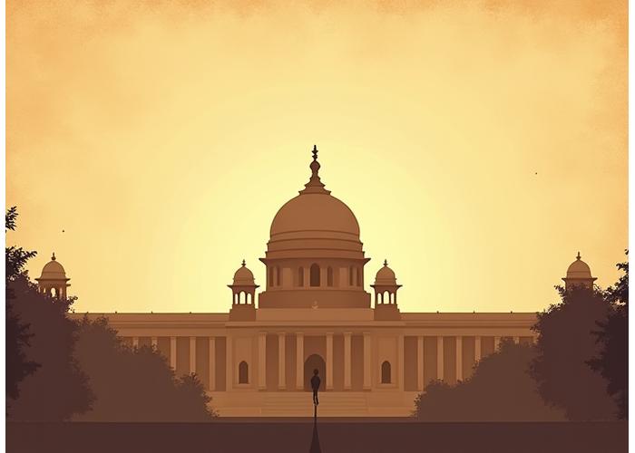 Illustration of the Indian Parliament building against a legal parchment background, symbolizing adherence to Indian laws.