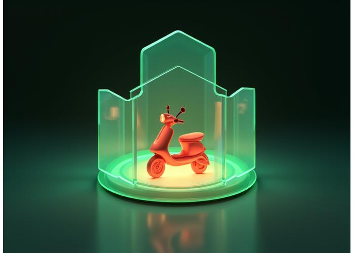 Abstract graphical representation of layered protection shields surrounding a scooter icon, indicating comprehensive insurance coverage.